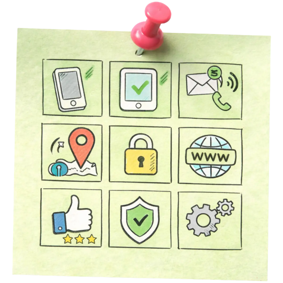 Post-it note with complete website package features